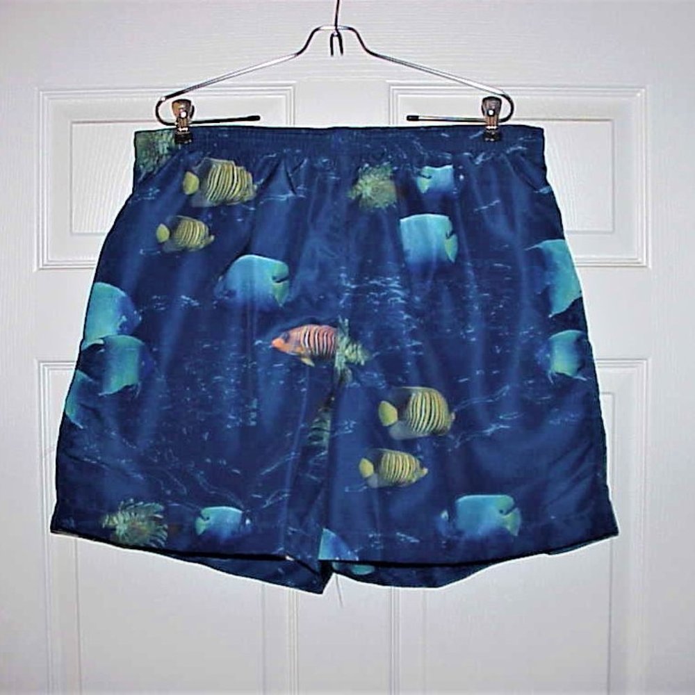 MEN'S 1980'S VINTAGE NAUTICA, NOS, BLUE W/ FISH, XL SWIM TRUNKS MESH LINED, POLY